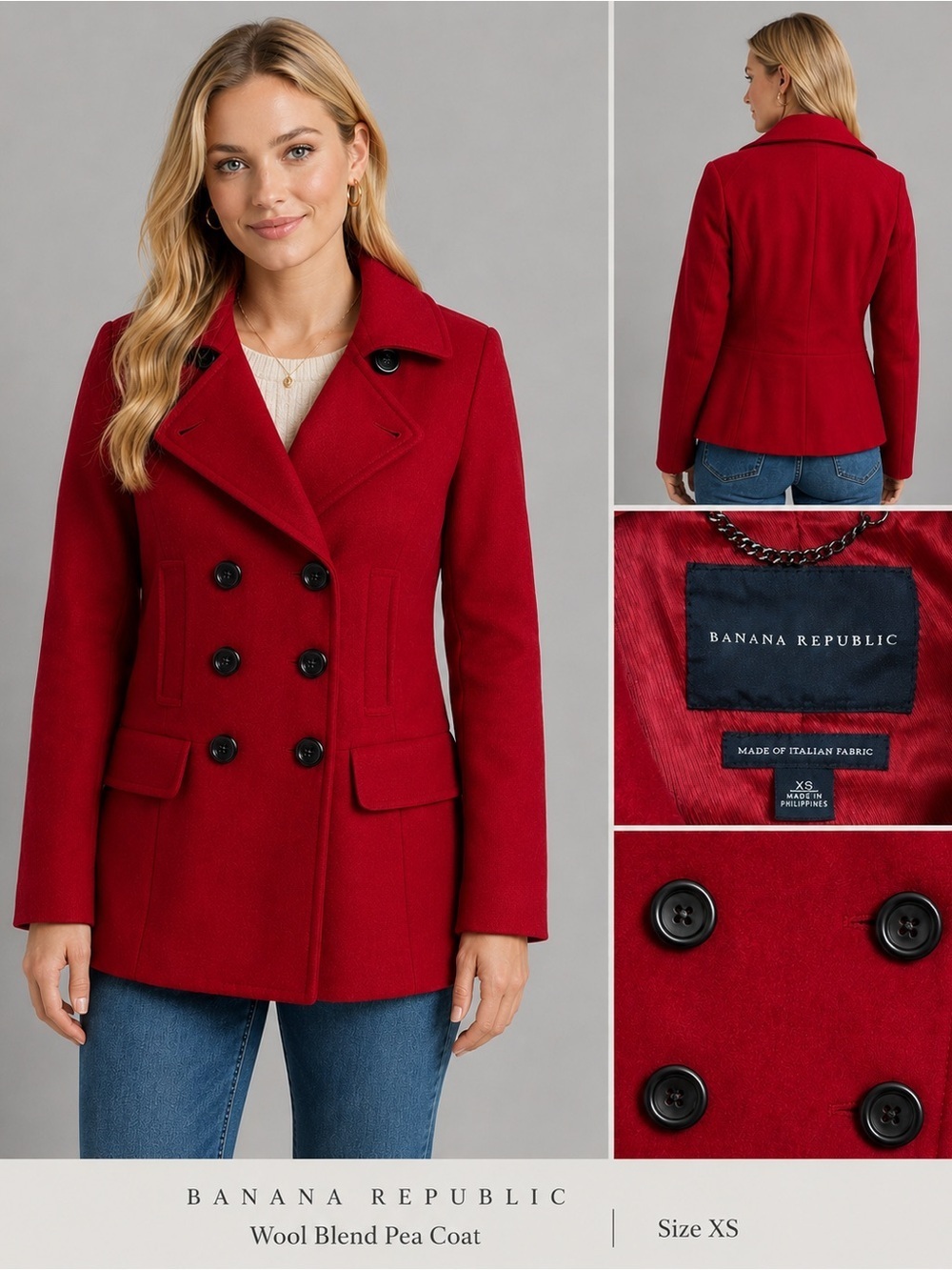 Banana Republic Wool Blend Peacoat Red XS Classic Double Breasted Coat